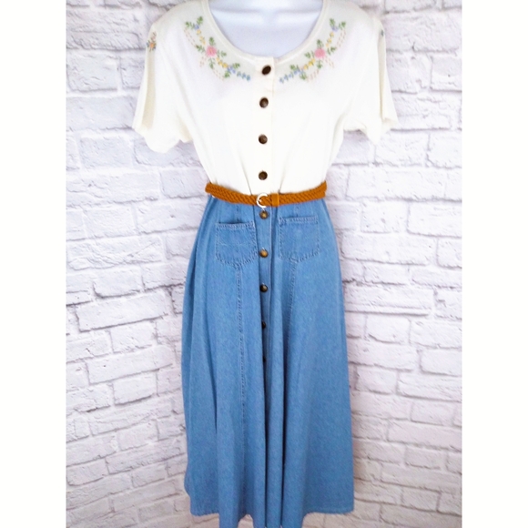 Rafaella Dresses & Skirts - Vintage 90's Full Button Embroidered Denim Dress